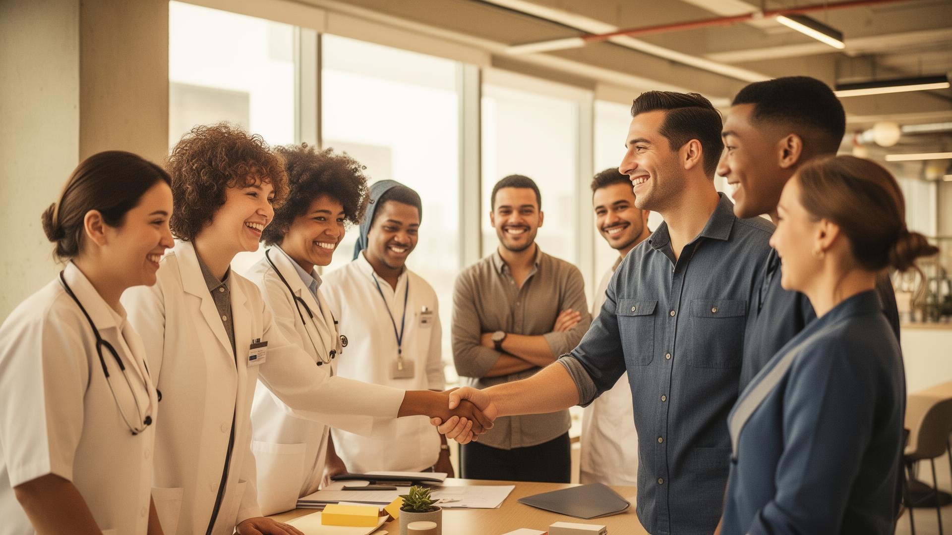 Diverse team of professionals collaborating warmly